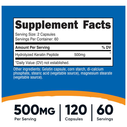 Cápsulas De Péptidos De Queratina Hidrolizados 500 Mg 120 Unidades Sin OMG Y Gluten