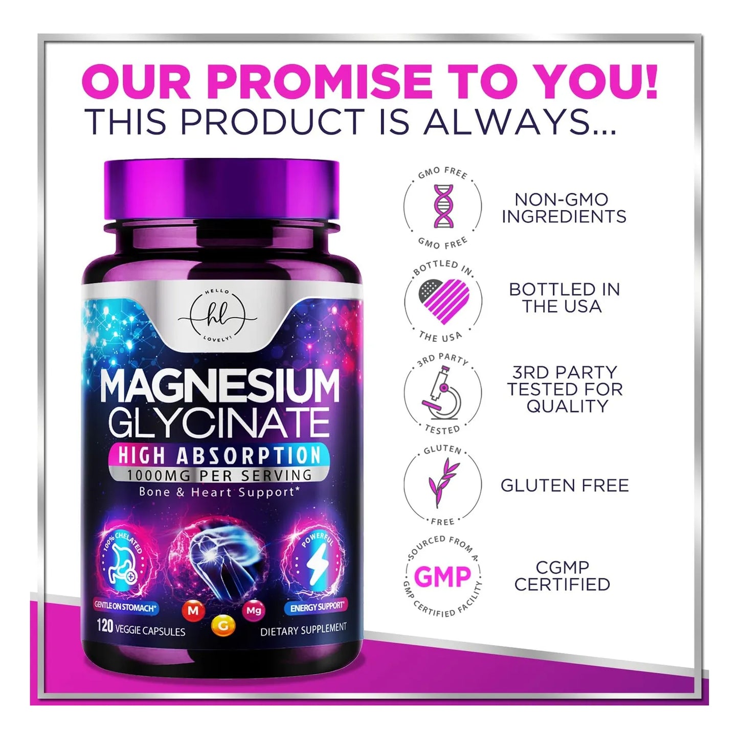 Suplemento De Magnesio Glicinato 1000 Mg Salud Osea Cardiaca Nervios Musculos