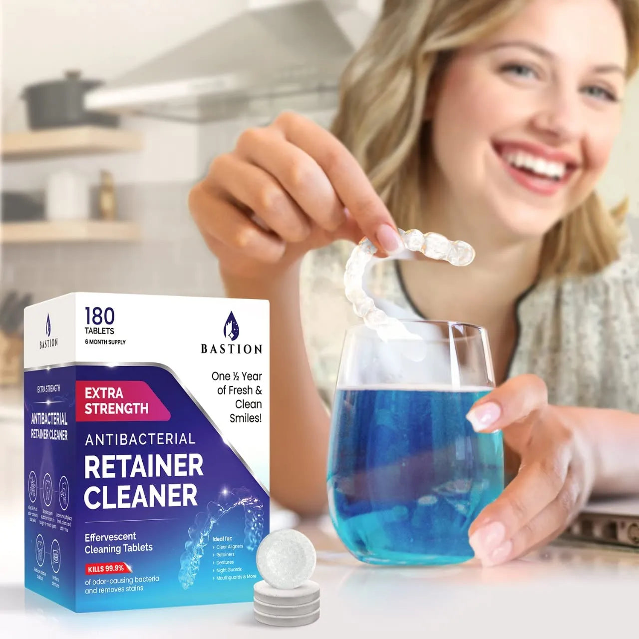 Limpiador Retenedor Y Dentaduras Bastion 180 Tabletas Efervescentes