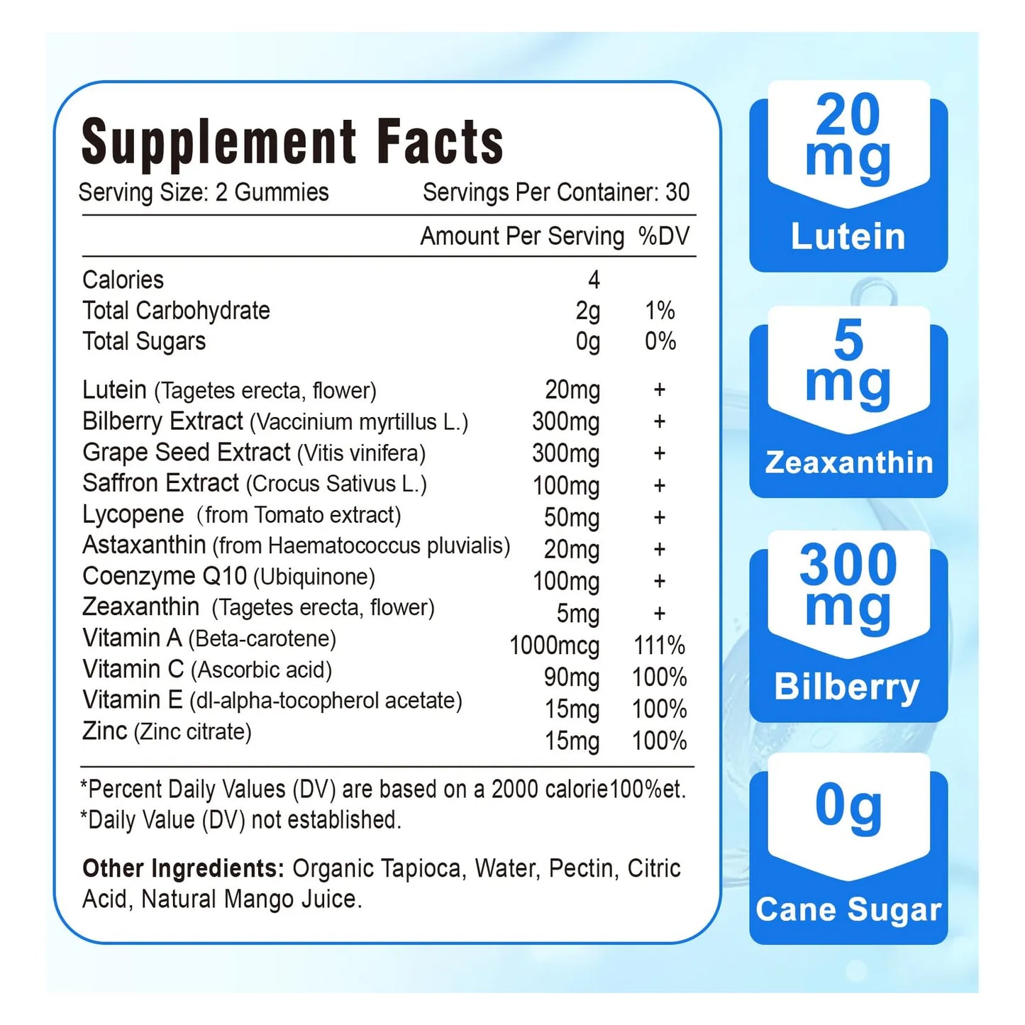 Gomitas De Luteína Y Zeaxantina 20 Mg Con Arándano Y Astaxantina Suplemento Ocular