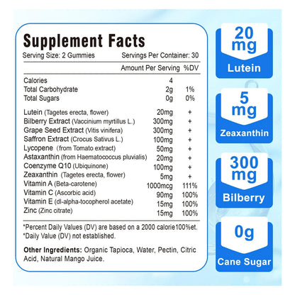 Gomitas De Luteína Y Zeaxantina 20 Mg Con Arándano Y Astaxantina Suplemento Ocular