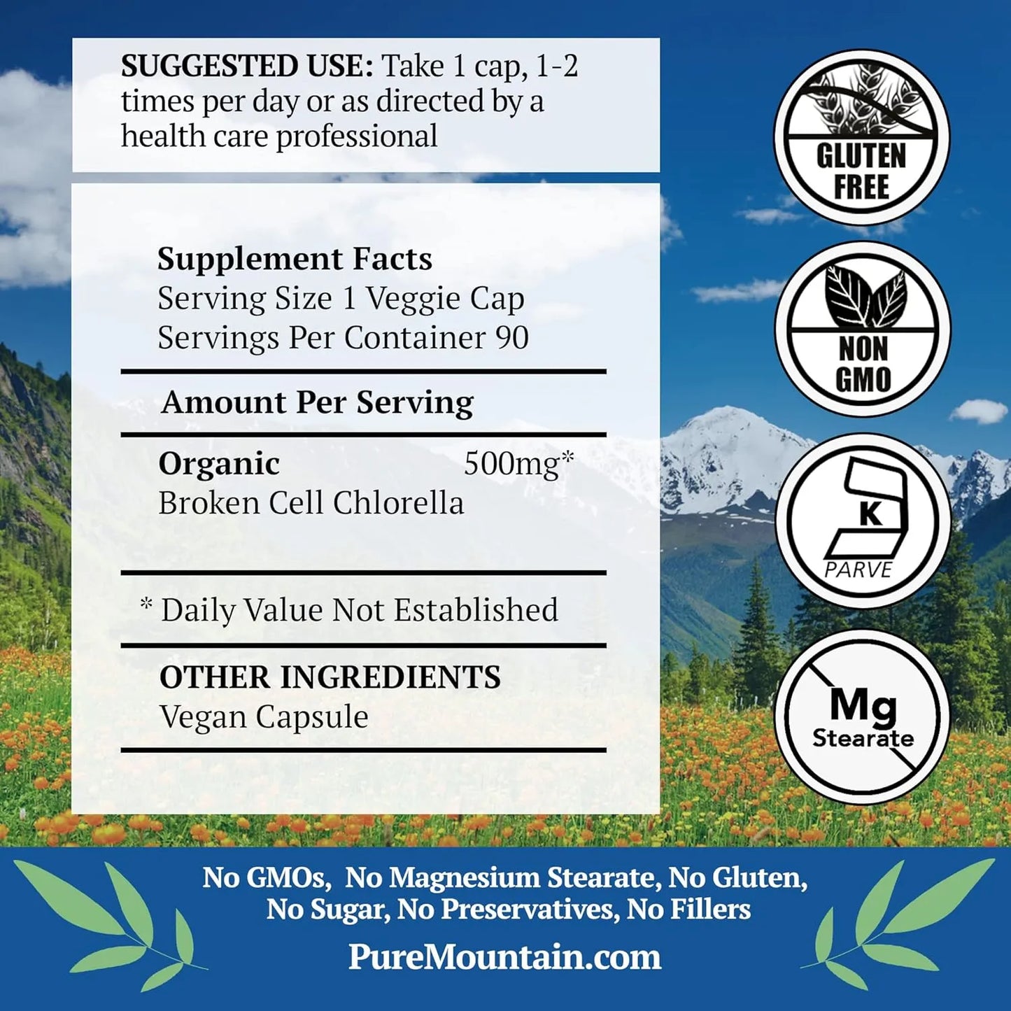 Cápsulas De Chlorella Orgánica 500 Mg Pure Mountain Botanicals Vegano Kosher