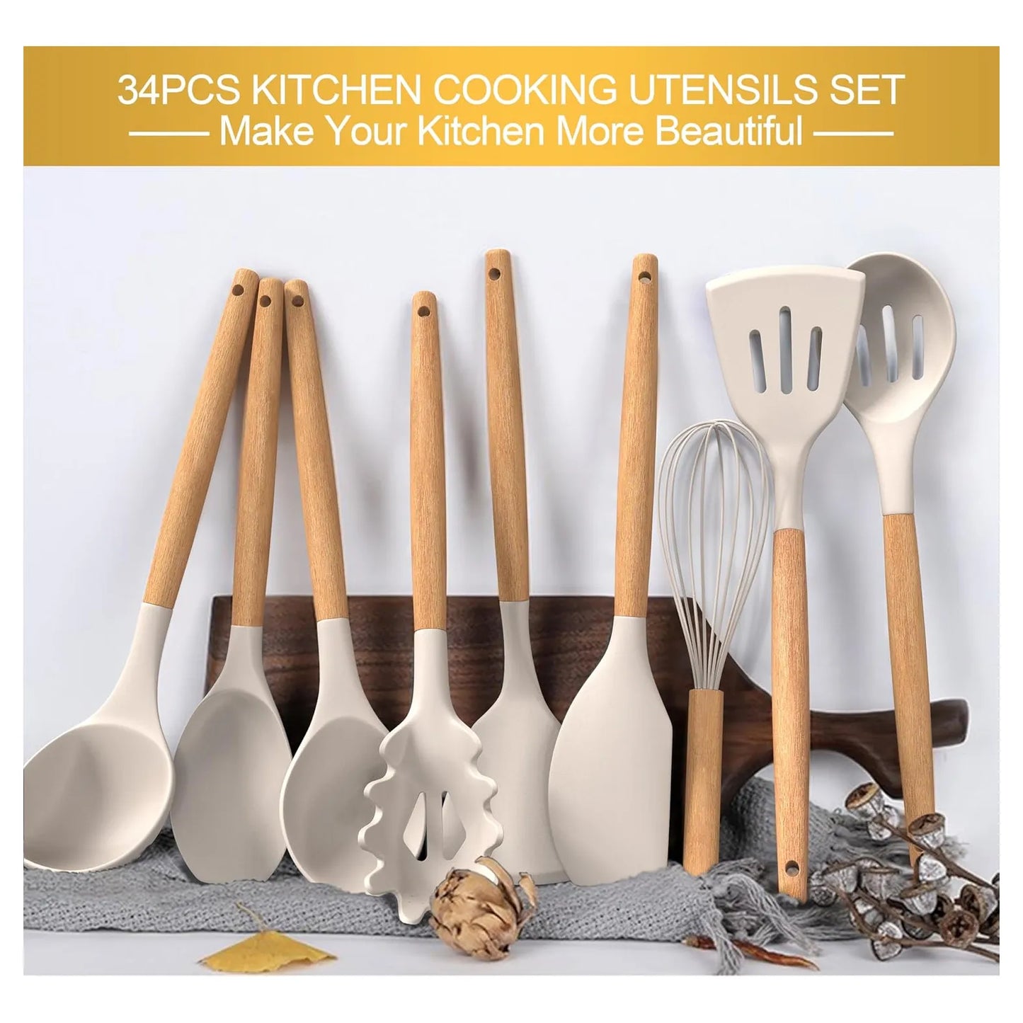 Juego De Utensilios Cocina Silicona 43 Piezas Antiadherentes Mangos Madera Resistente Al Calor