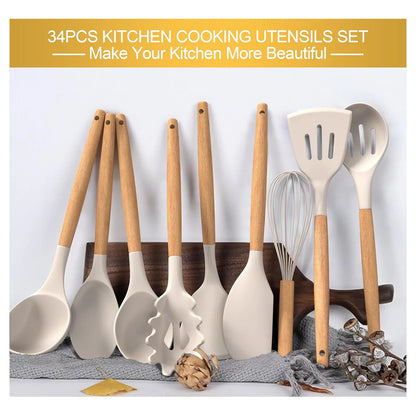 Juego De Utensilios Cocina Silicona 43 Piezas Antiadherentes Mangos Madera Resistente Al Calor