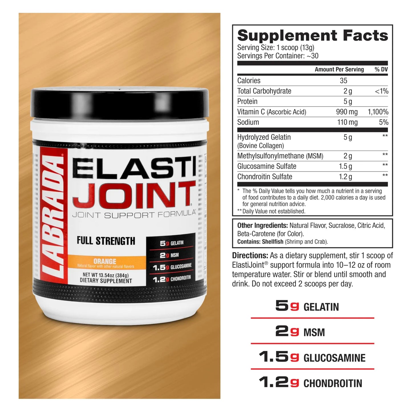 Elastijoint Polvo Soporte Articulaciones Glucosamina Condroitina MSM Colageno Sabor Naranja 30 Porciones