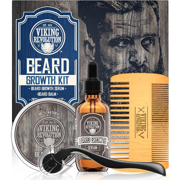 Kit Crecimiento Barba Viking Revolution Suero Bálsamo Rodillo Derma Peine Madera