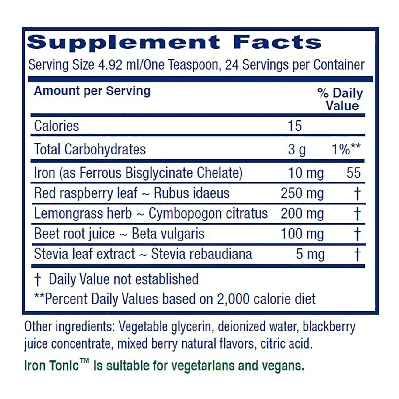 Iron Tonic Suplemento De Hierro Líquido Vegano Sabor Mora 4 Onzas