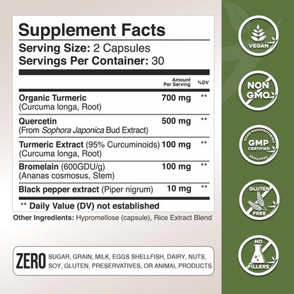 Suplemento De Quercetina Cúrcuma Bromelina 500 Mg Apoyo Inmunológico Y Articular