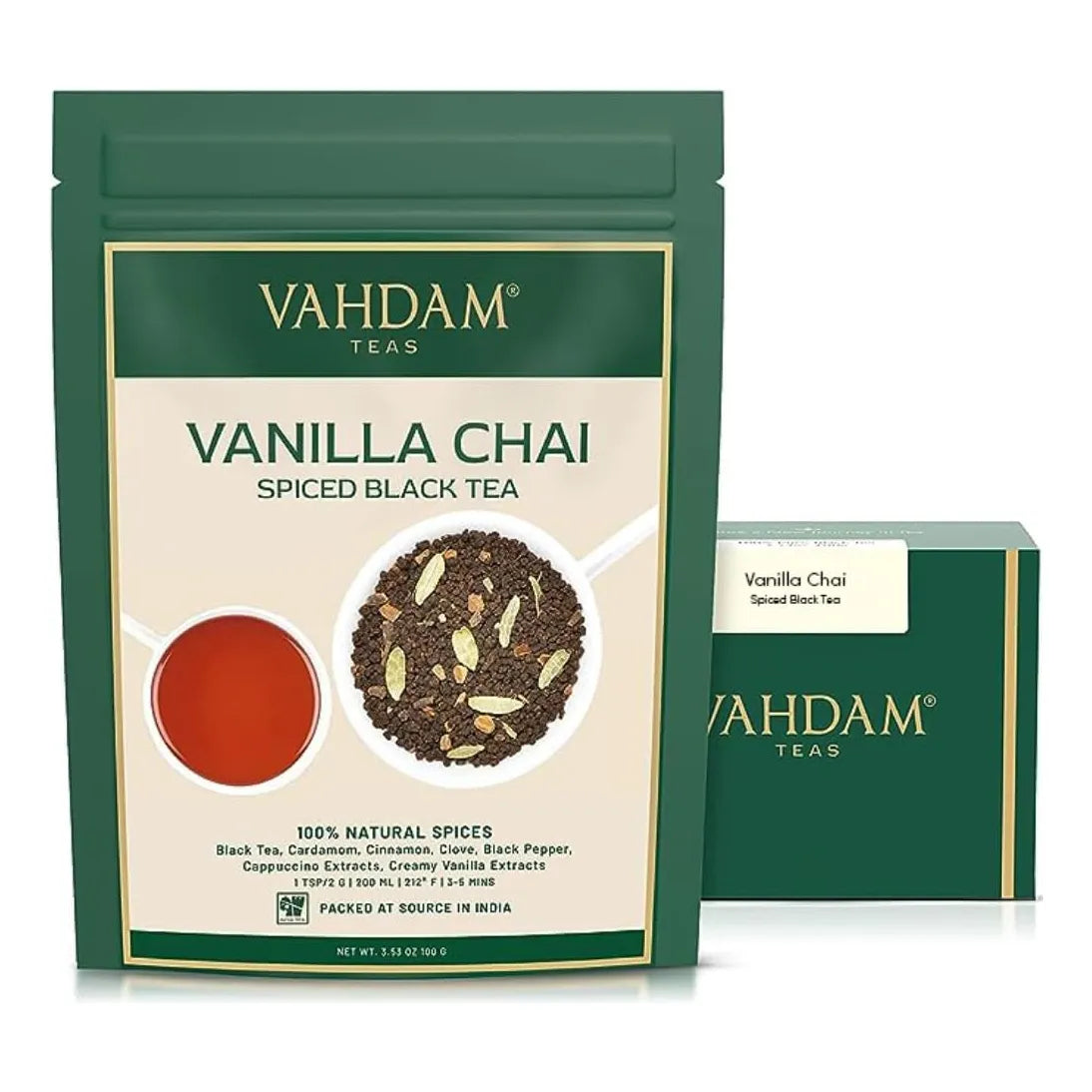 Té Masala Chai Vainilla Hoja Suelta 100g VAHDAM Deliciosa Mezcla Especiada