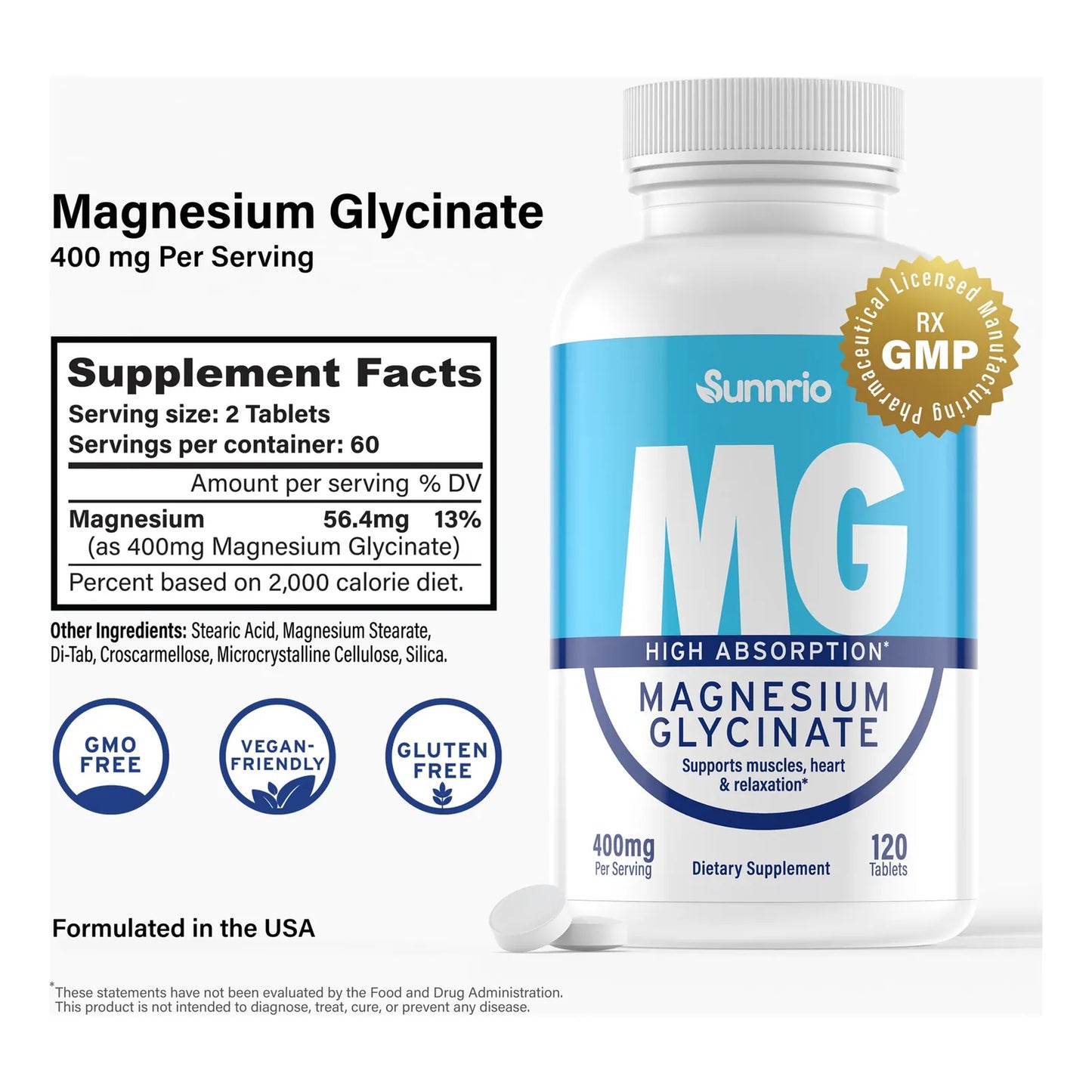 Glicinato De Magnesio 400 Mg Alta Absorción Apoyo Muscular Y Sueño