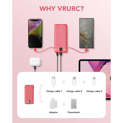 Cargador Portátil Vrurc 10000mah Con Cables Integrados Rojo - Imagen 3