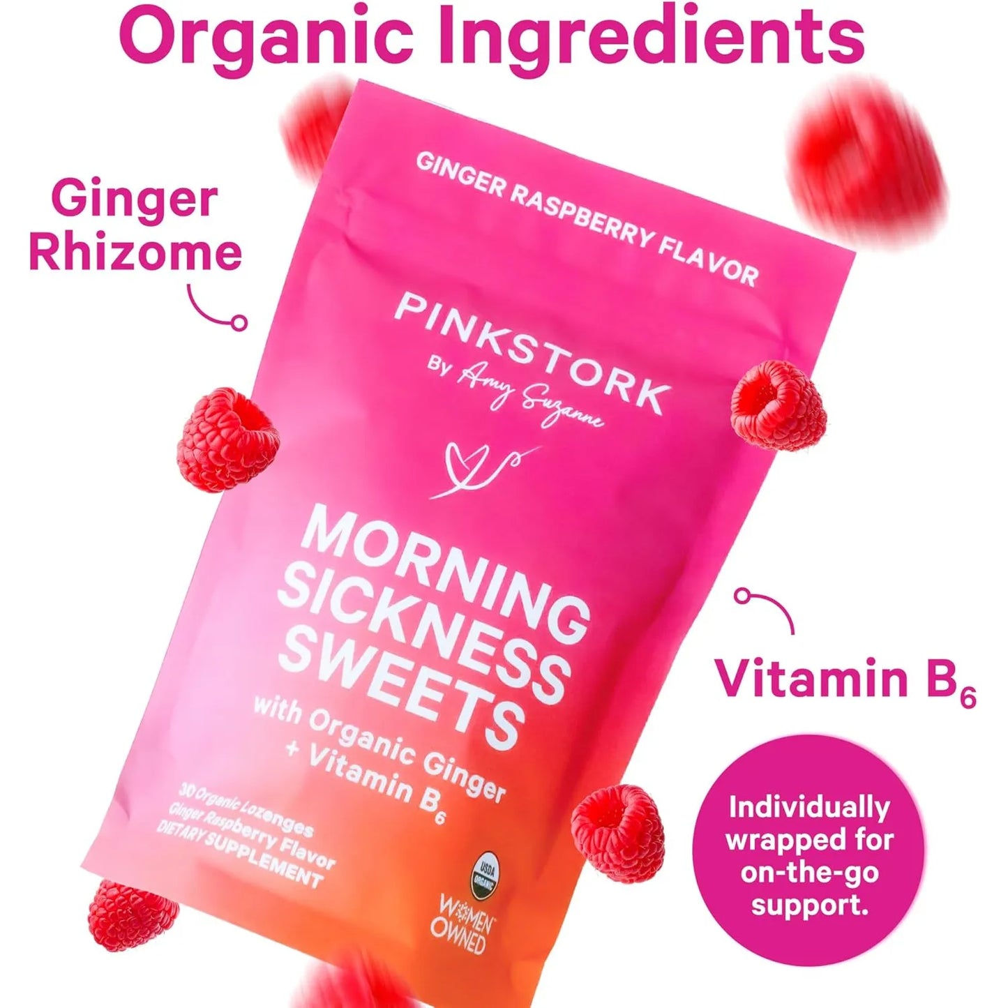 Dulces De Jengibre Frambuesa Para Embarazo Náuseas Digestión Pink Stork