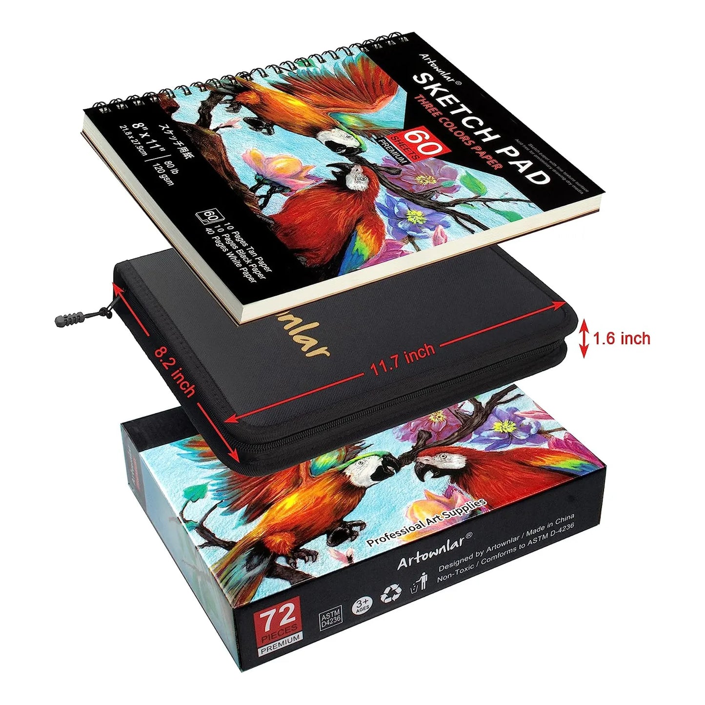 Set De Dibujo Profesional 72 Piezas Cuaderno Boceto 3 Colores Ideal Para Artistas