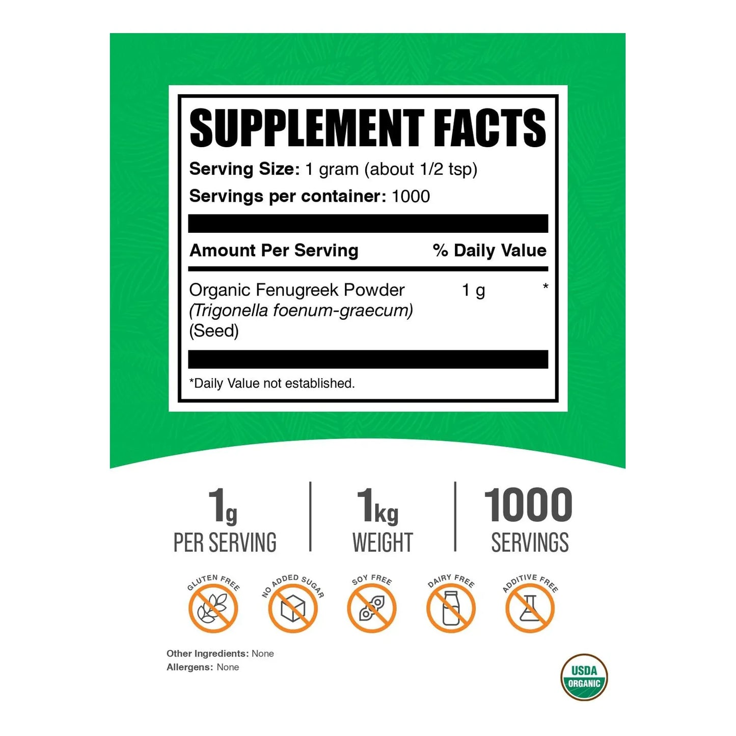 Polvo Organico De Fenogreco 1000 Mg Porcion 1 Kg Sin Gluten Nutricion Pura