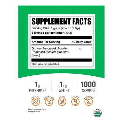 Polvo Organico De Fenogreco 1000 Mg Porcion 1 Kg Sin Gluten Nutricion Pura