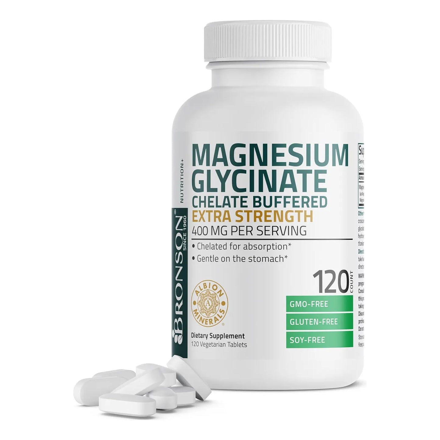 Glicinato De Magnesio 400 Mg Extra Fuerte Quelado 120 Tabletas Bronson Absorcion Superior