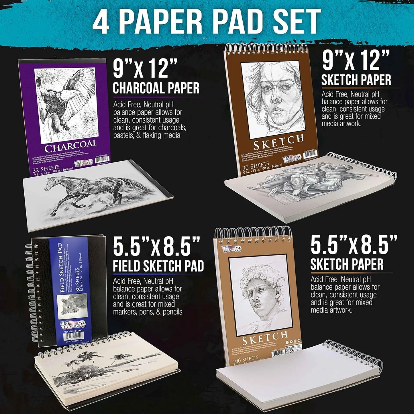 Pack 4 Cuadernos Dibujo 242 Hojas Profesional Sketchbook Papel Carbón Acuarela