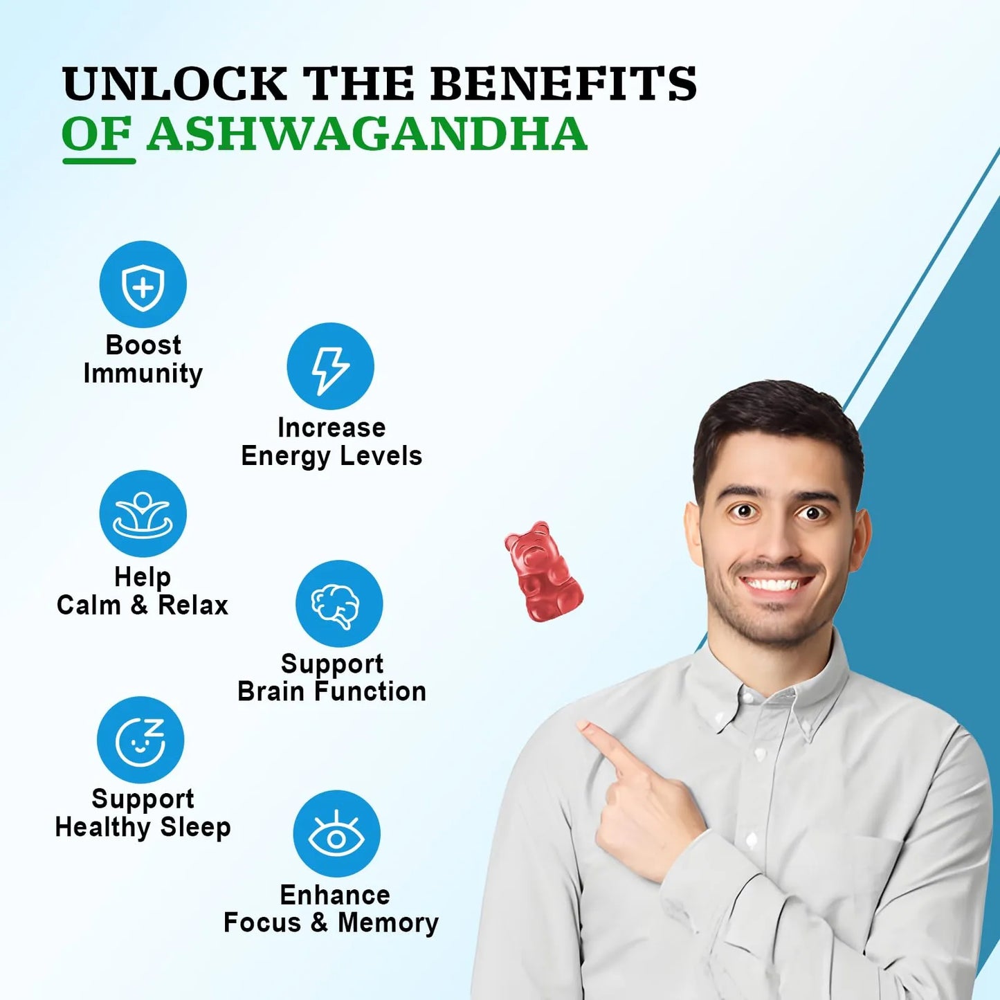 Gomitas Ashwagandha Cúrcuma GABA Energía Estado De Ánimo 60 Unidades