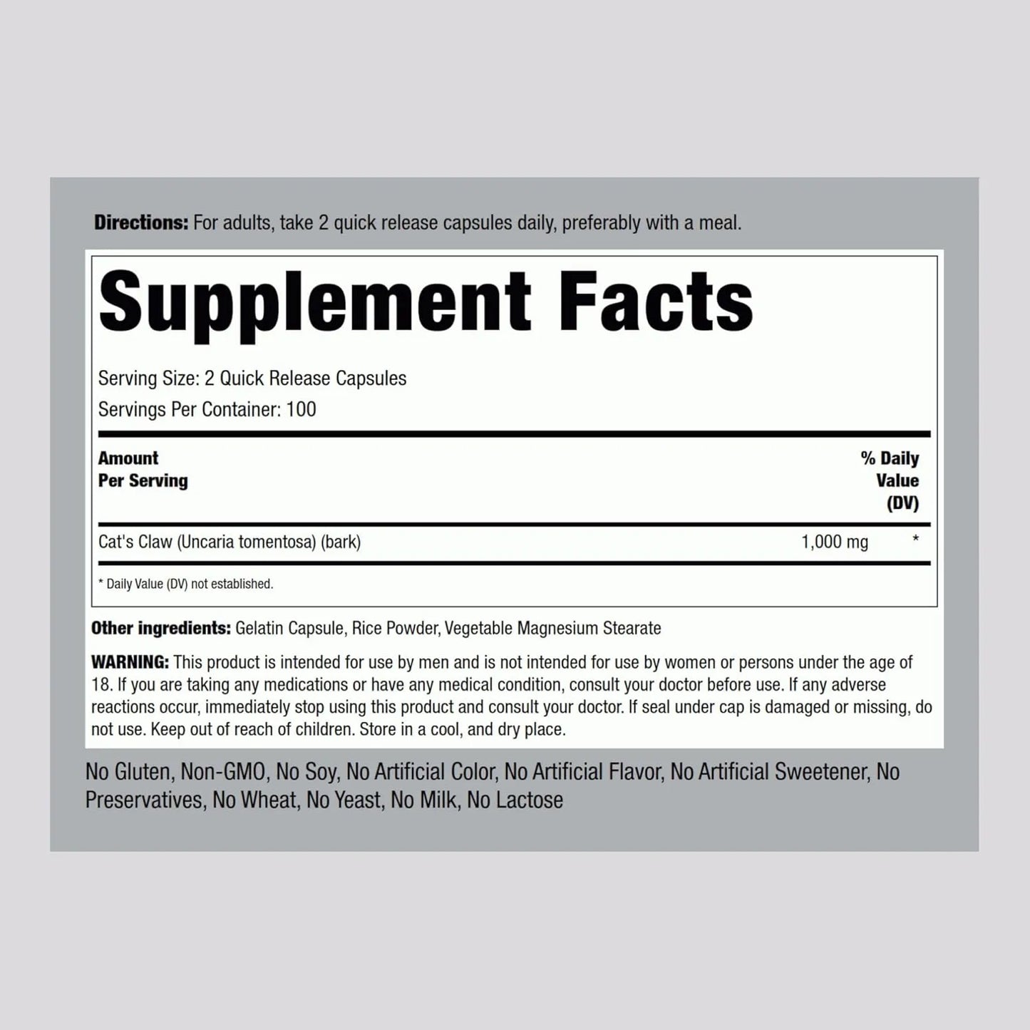 Capsulas De Garra De Gato 1000 Mg 200 Unidades Suplemento Natural Sin Gluten