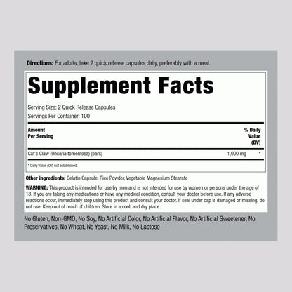 Capsulas De Garra De Gato 1000 Mg 200 Unidades Suplemento Natural Sin Gluten