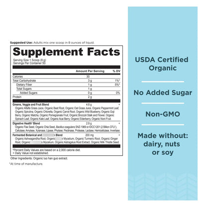 Super Greens Polvo Superalimento Orgánico Con Probióticos Espirulina Chlorella Matcha 14.1 Oz