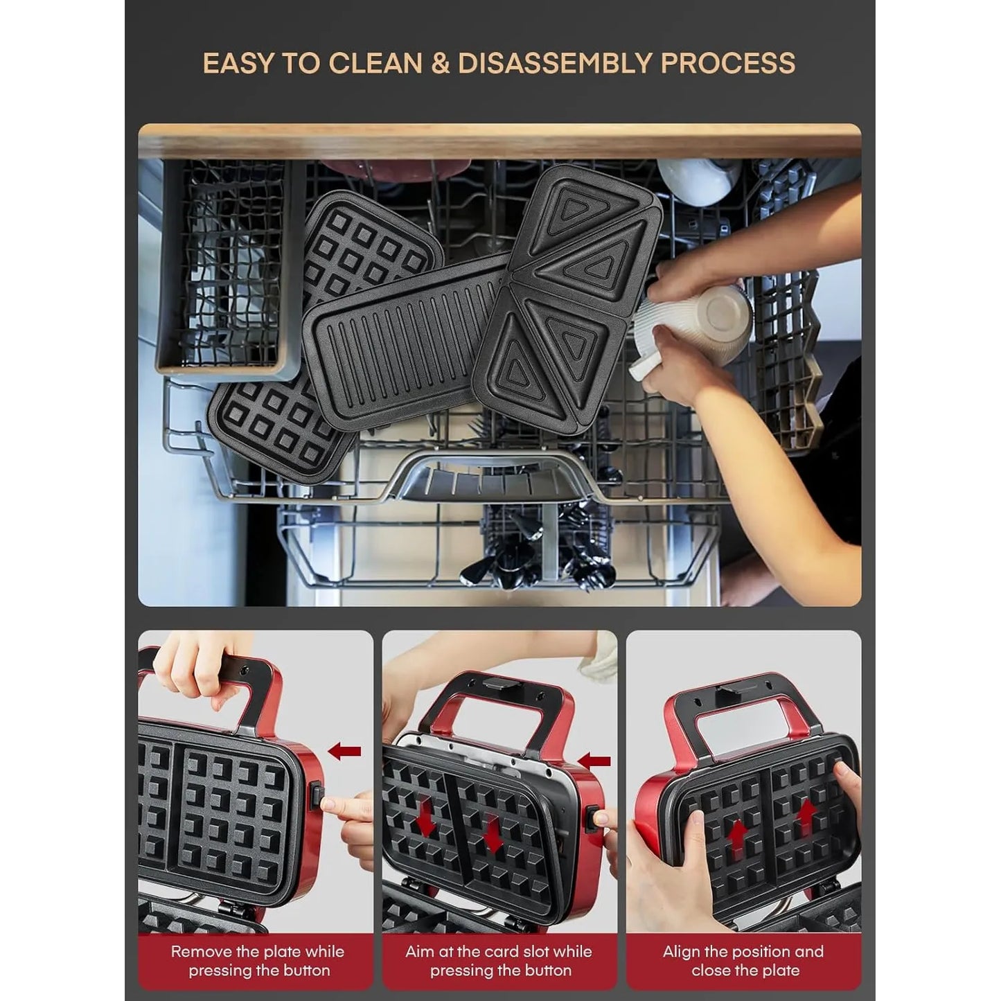 Waffle Maker 3 En 1 FOHERE 1200W Placas Desmontables Antiadherentes