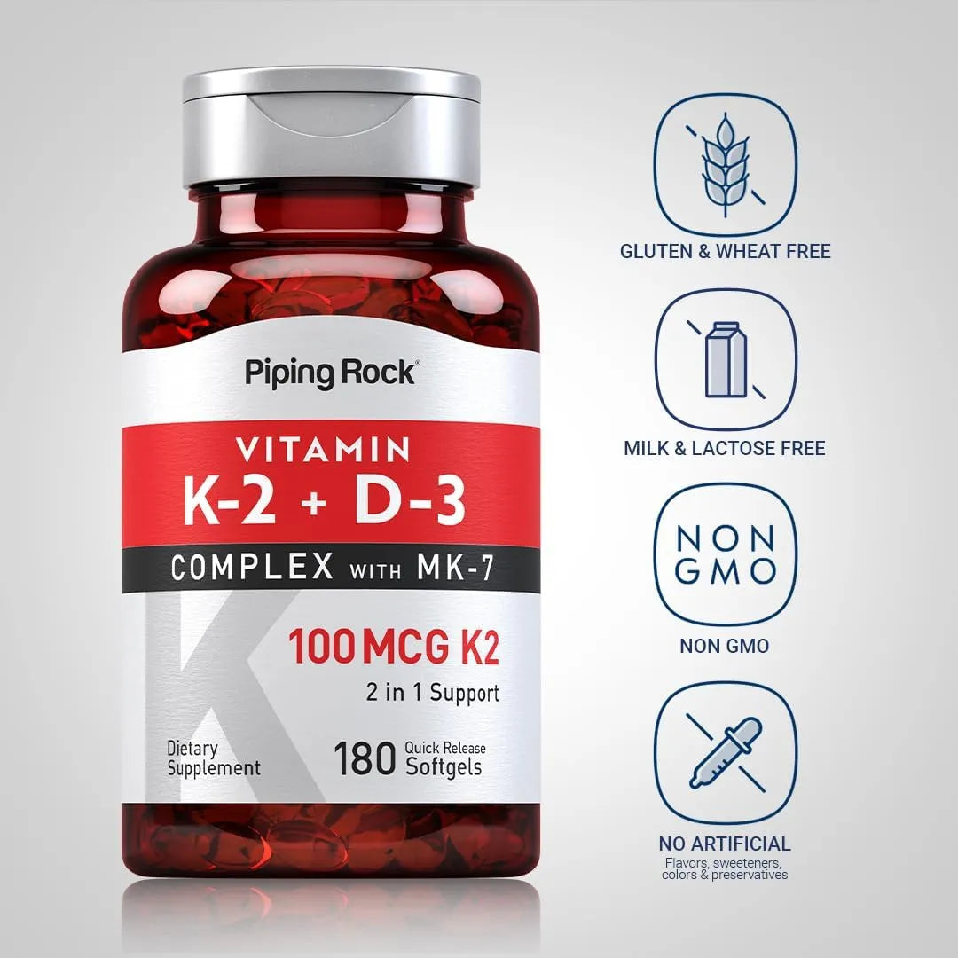 Vitamina K2 D3 Mk7 100 Mcg 180 Capsulas Blandas Salud Osea Piping Rock