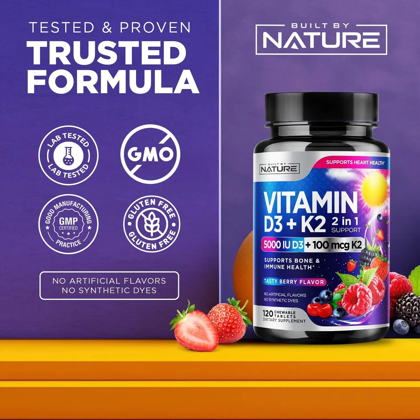 Vitamina D3 K2 Masticable 5000 Ui Y 100 Mcg Mk7 Sabor Bayas 120 Tabletas