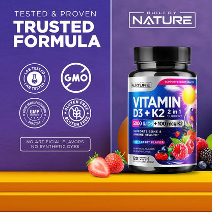 Vitamina D3 K2 Masticable 5000 Ui Y 100 Mcg Mk7 Sabor Bayas 120 Tabletas