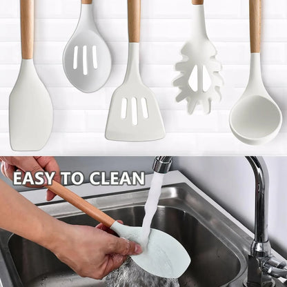 Juego De Utensilios Cocina 6 Piezas Silicona Antiadherente Mangos Madera Iocbyhz