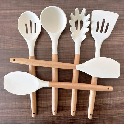 Juego De Utensilios Cocina 6 Piezas Silicona Antiadherente Mangos Madera Iocbyhz