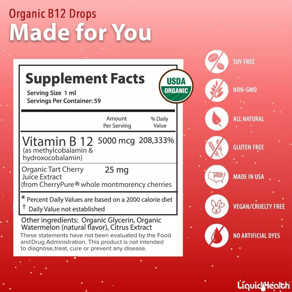Gotas Líquidas Orgánicas Metilcobalamina 5000 Mcg Con Jugo De Cereza Ácida Energía Y Enfoque