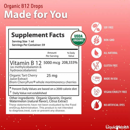 Gotas Líquidas Orgánicas Metilcobalamina 5000 Mcg Con Jugo De Cereza Ácida Energía Y Enfoque