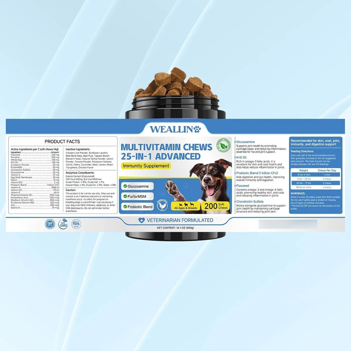 Vitaminas 25 En 1 Para Perros Masticables Con Probióticos Gl Salud Articulaciones Piel Y Pelaje