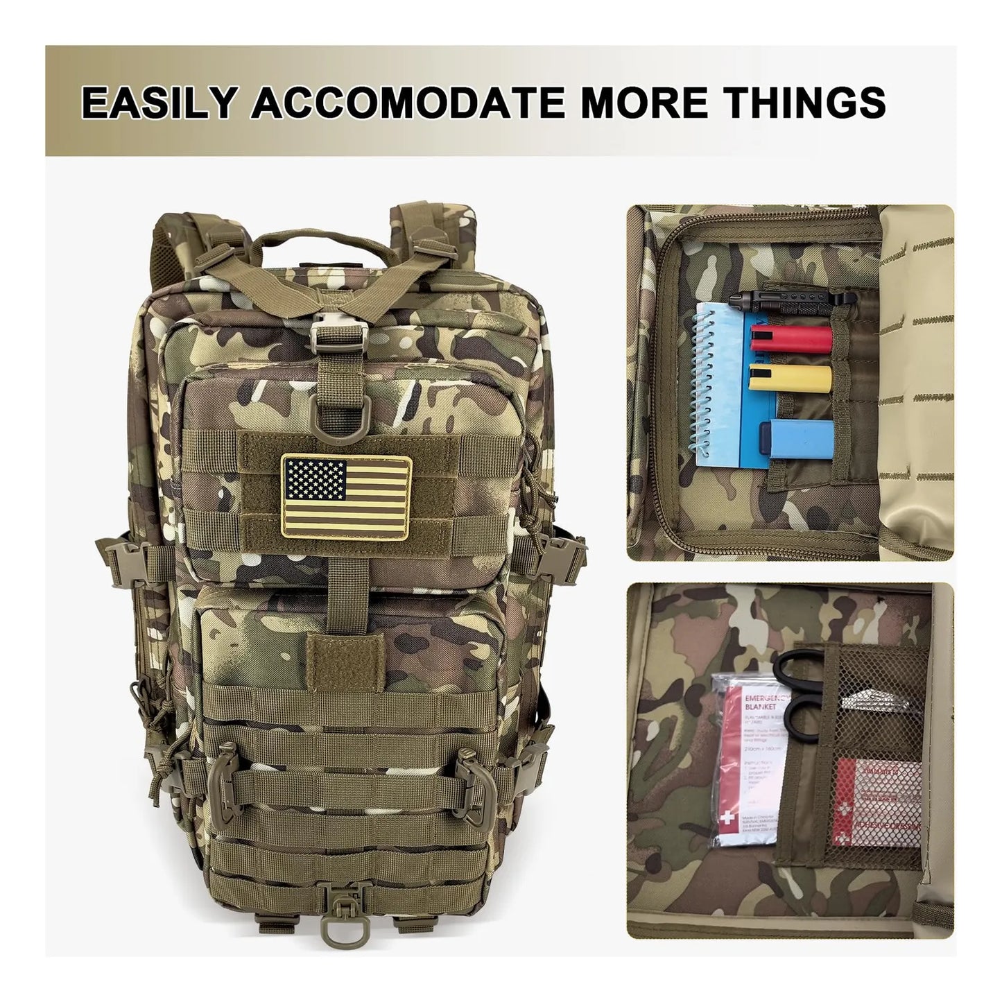 Mochila Tactica Militar Campamento 3 Dias 40L Resistente Agua Sistema Molle