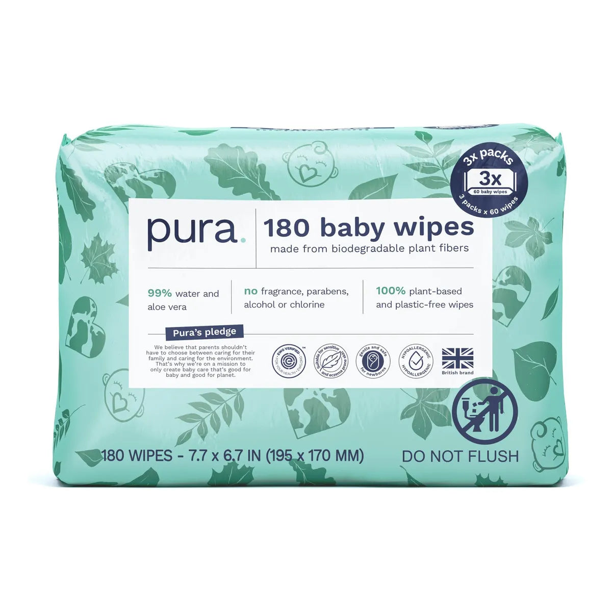 Toallitas Naturales Bebé 99 Agua Hipoalergénicas 3x60 Pack Ecológico
