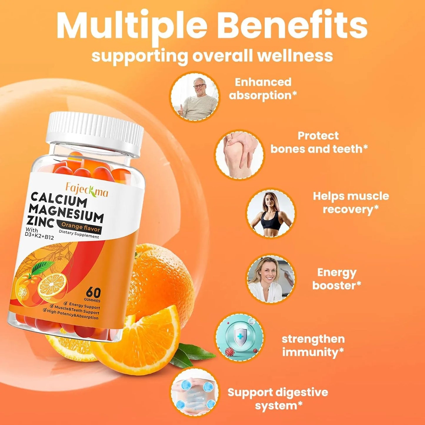 Gomitas Calcio Magnesio Zinc 1000 Mg Citrato D3 B12 Alta Absorcion Sabor Naranja Vegano