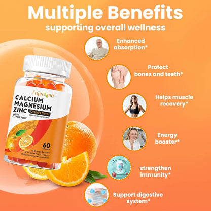 Gomitas Calcio Magnesio Zinc 1000 Mg Citrato D3 B12 Alta Absorcion Sabor Naranja Vegano