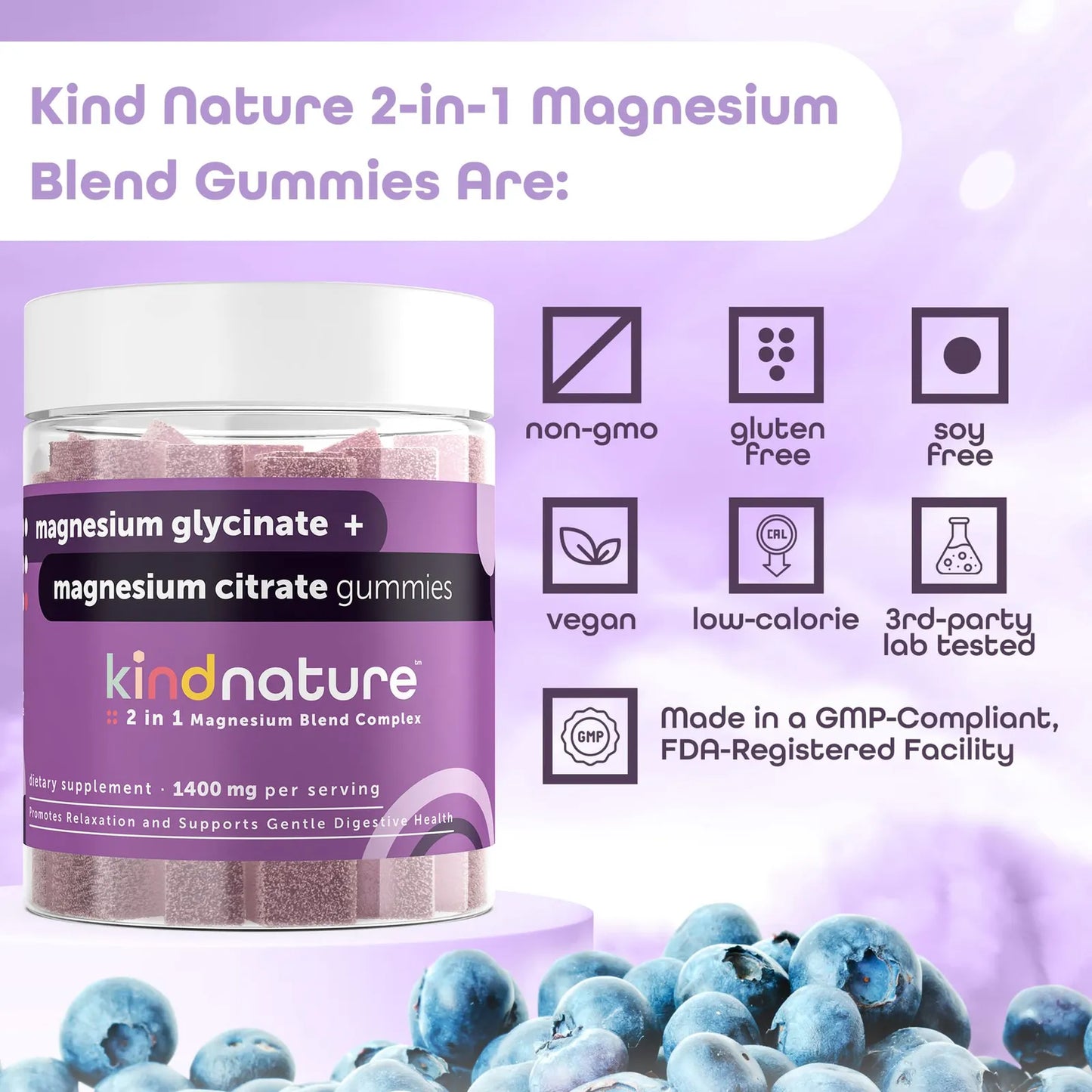 Kind Nature Gomitas De Glicinato De Magnesio Y Citrato Para Dormir Y Relajación