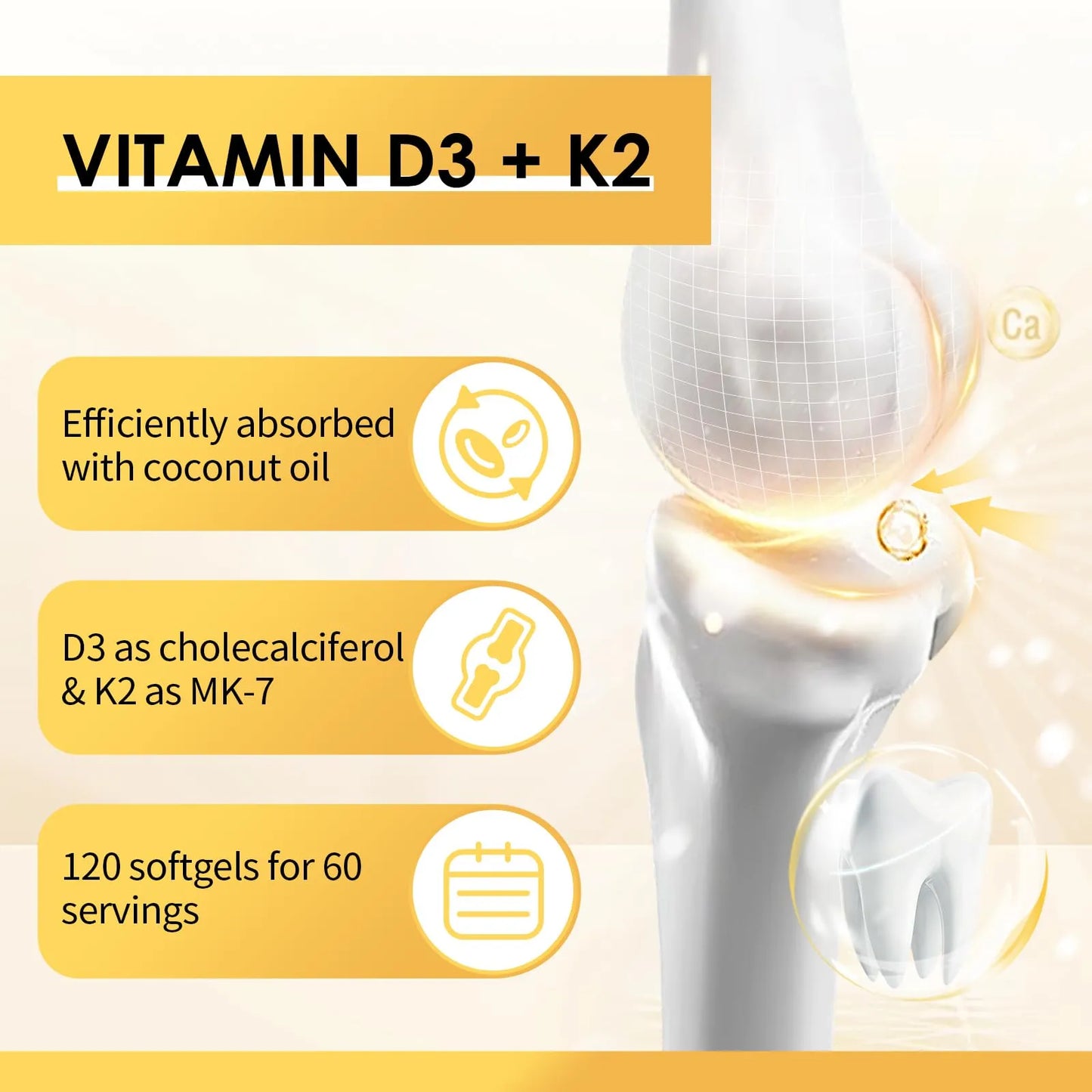Suplemento Vitamina D3 K2 5000 Ui 200 Mcg Con Aceite De Coco 120 Cápsulas