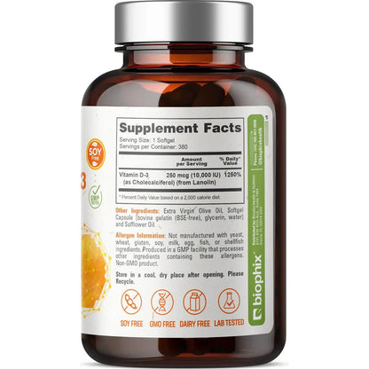 Vitamina D3 10000 UI 380 Cápsulas Blandas Alta Potencia En Aceite De Oliva