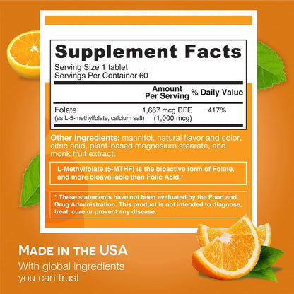 Folate L 5 Methylfolate 1667 Mcg Dfe Tabletas Sublinguales Sabor Naranja 60 Unidades