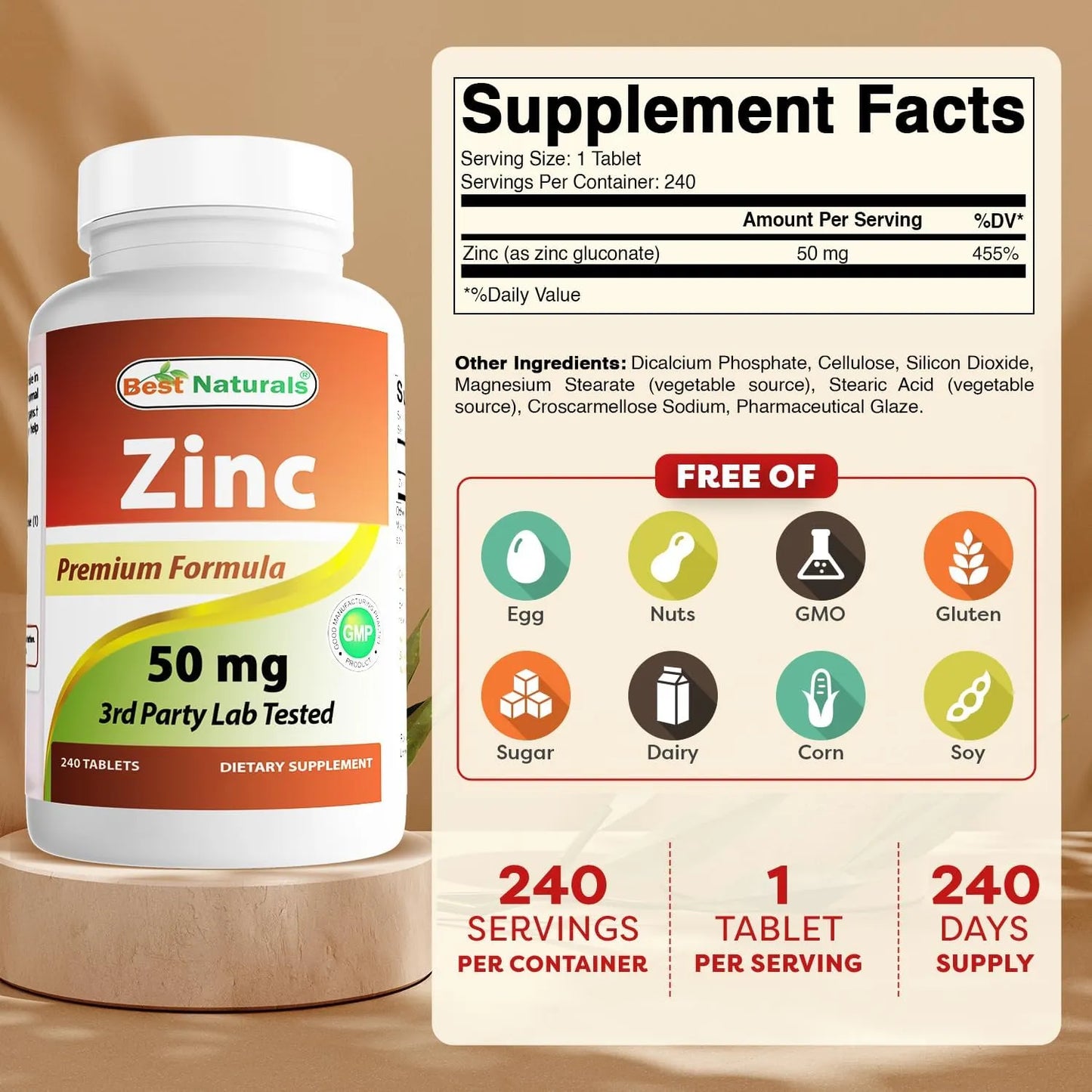 Suplemento De Zinc Gluconato 50 Mg 240 Comprimidos Paquete Doble Best Naturals