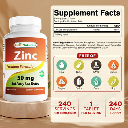 Suplemento De Zinc Gluconato 50 Mg 240 Comprimidos Paquete Doble Best Naturals