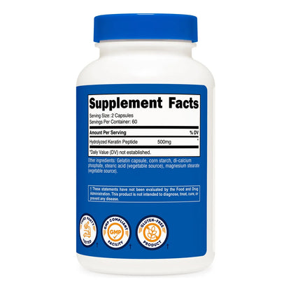 Cápsulas De Péptidos De Queratina Hidrolizados 500 Mg 120 Unidades Sin OMG Y Gluten