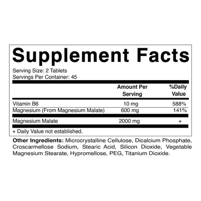 Malato De Magnesio 2000 Mg 90 Tabletas Con B6 Maxima Absorcion Salud Muscular Y Cardíaca