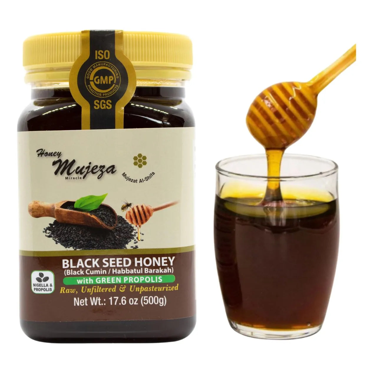 Miel Cruda Orgánica De Semillas Negras Con Propóleos Refuerzo Inmunológico 17.6 Oz