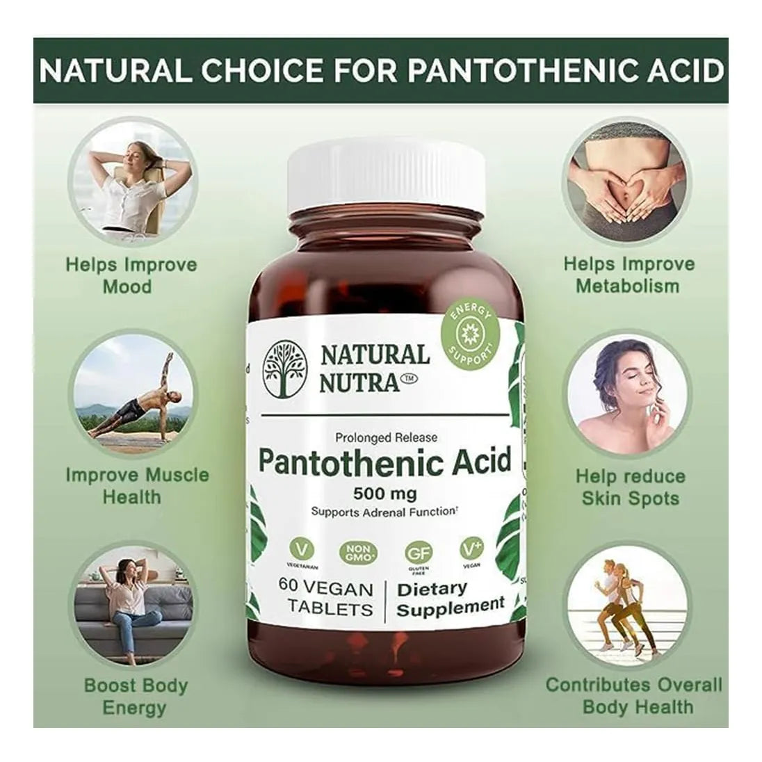 Ácido Pantoténico De Liberación Prolongada 500 Mg Suplemento Vitamina B5 Energía Metabolismo