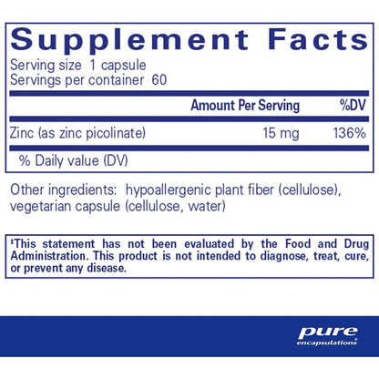 Picolinato De Zinc 15 Mg Pure Encapsulations Suplemento Inmunologico Prostata 60 Caps