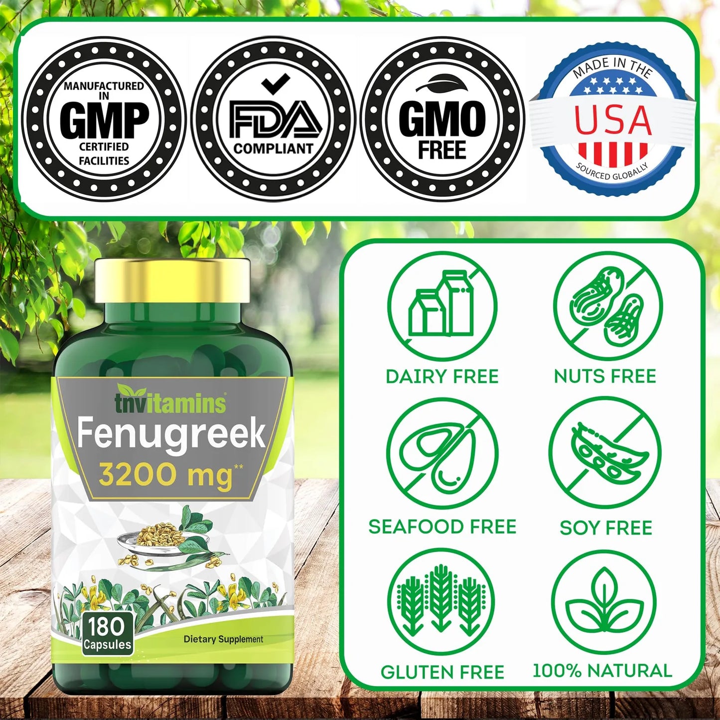 Capsulas De Fenogreco 3200 Mg 180 Unidades Extracto De Semilla Pura Sin OMG